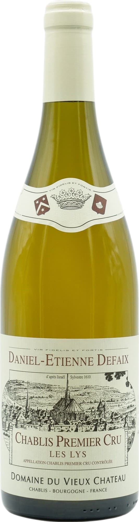 White wine bottle with a green glass body, featuring a cream label with black text, depicting "Domaine Daniel-Etienne Defaix Chablis Premier Cru Les Lys 2015" and a vineyard illustration.