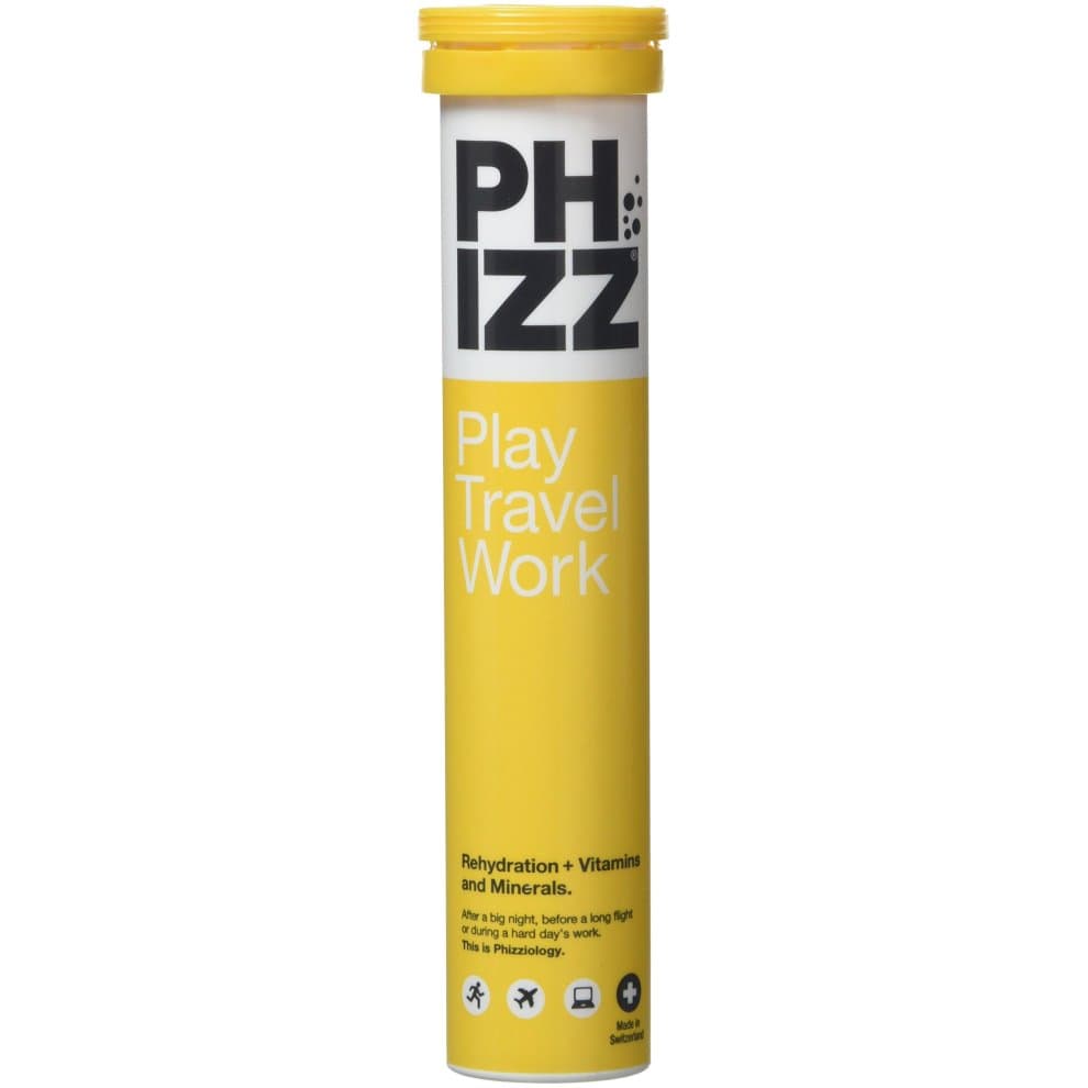 Bright yellow tube labeled "PHIZZ" with black text, containing effervescent tablets for rehydration, vitamins, and minerals, ideal for travel and active lifestyles.