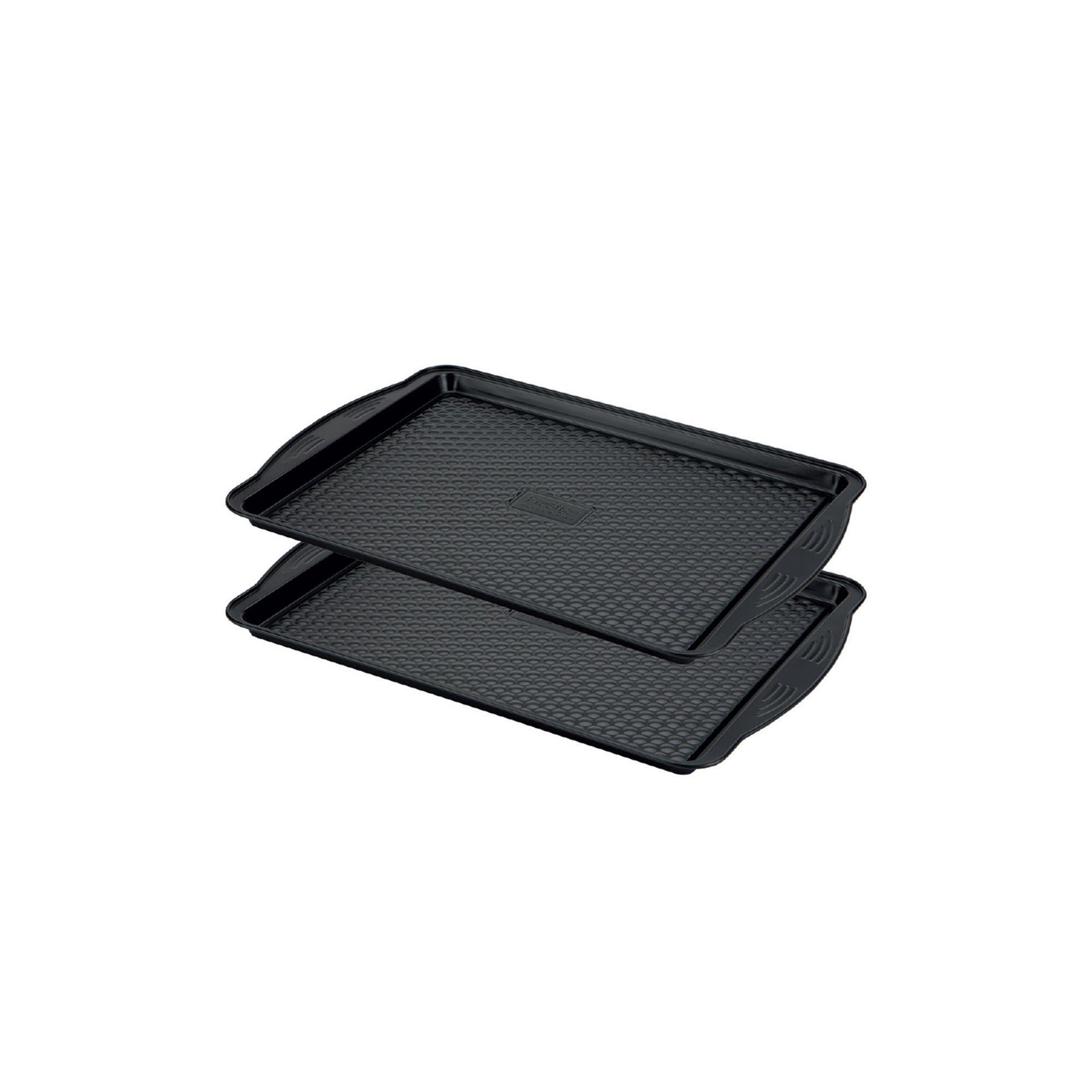 Prestige Black 'aerolift' Steel Oven Tray Set featuring two large trays, measuring 11" x 15", with a textured surface and ergonomic handles for easy handling.