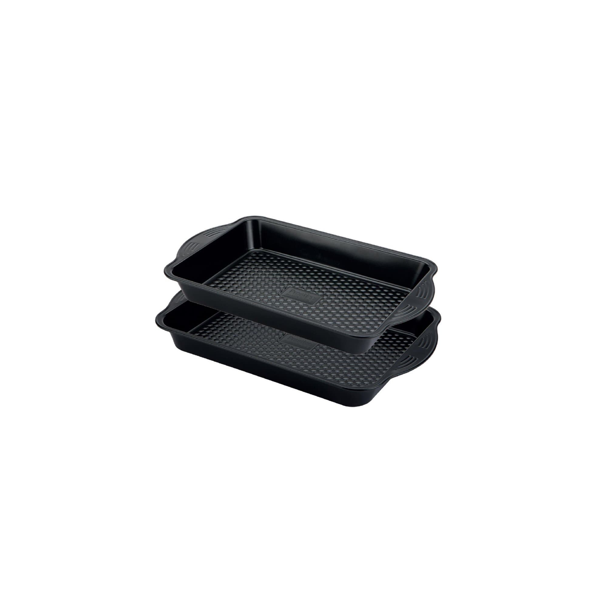 Two non-stick black oven trays stacked, featuring a textured surface and ergonomic handles, designed for baking and cooking, labeled as Prestige Aerolift.