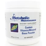 White plastic container with a blue and green label, featuring the text "Metabolic Maintenance," "Custom Vitamin/Mineral Base Powder," and a leaf graphic, 14 oz size.