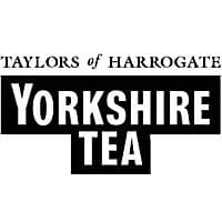 Black and white packaging featuring "Yorkshire Tea" prominently, with "Taylors of Harrogate" above, indicating a 240 pack of tea bags.