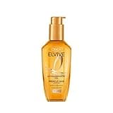 Gold bottle of L'Oréal Elvive hair serum with pump, 100ml, promising intense nourishment and shine, suitable for all hair types.