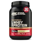 Black Optimum Nutrition whey protein powder container with gold and red accents, vanilla ice cream flavor, 900g.
