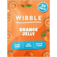 Wibble Orange Vegan Jelly Crystals pack with orange slices, 20 cals badge, plant-based, low sugar, sets in 1 hour.