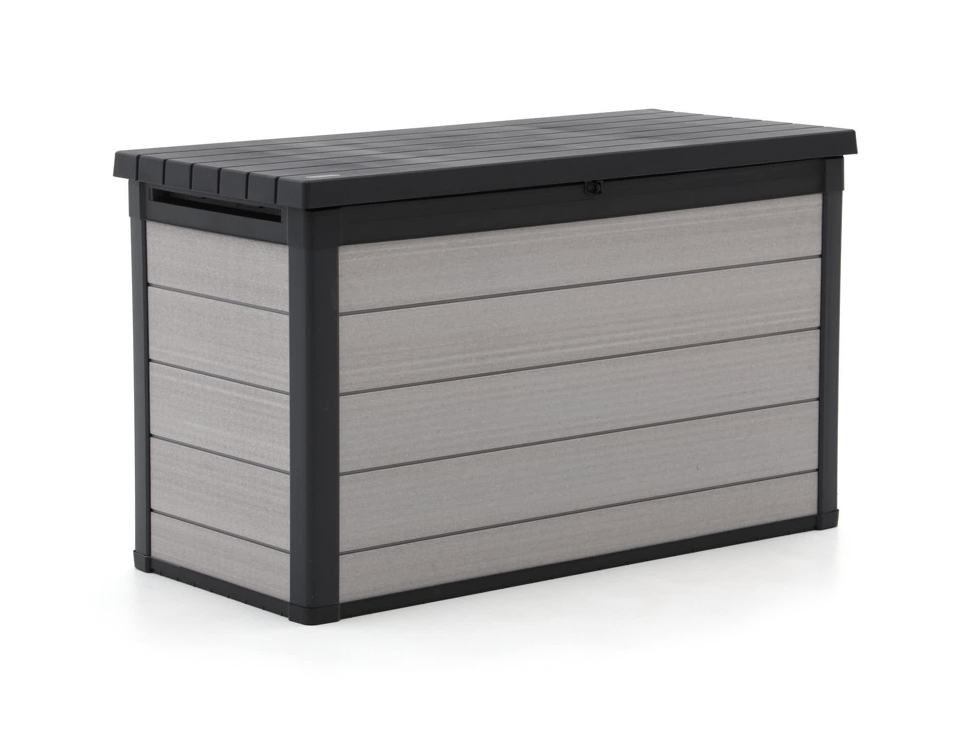 Keter Denali Duotech garden storage box in gray and black, featuring a slatted design, a hinged lid, and a spacious 757L capacity, suitable for outdoor use.