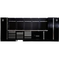 Black BUNKER modular storage combo with stainless steel worktop, multiple cabinets, drawers, and pegboard panels.