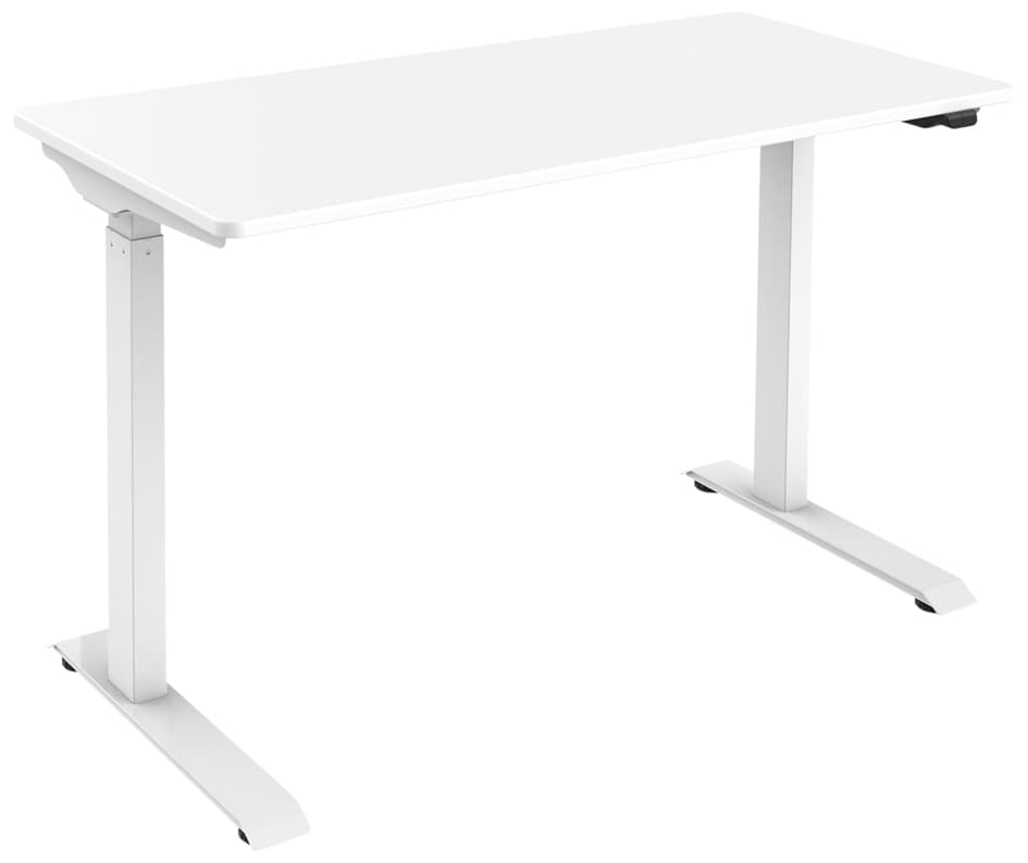 White electric height-adjustable desk with a sleek design, featuring a sturdy metal frame and a smooth surface, ideal for ergonomic workspace setups.