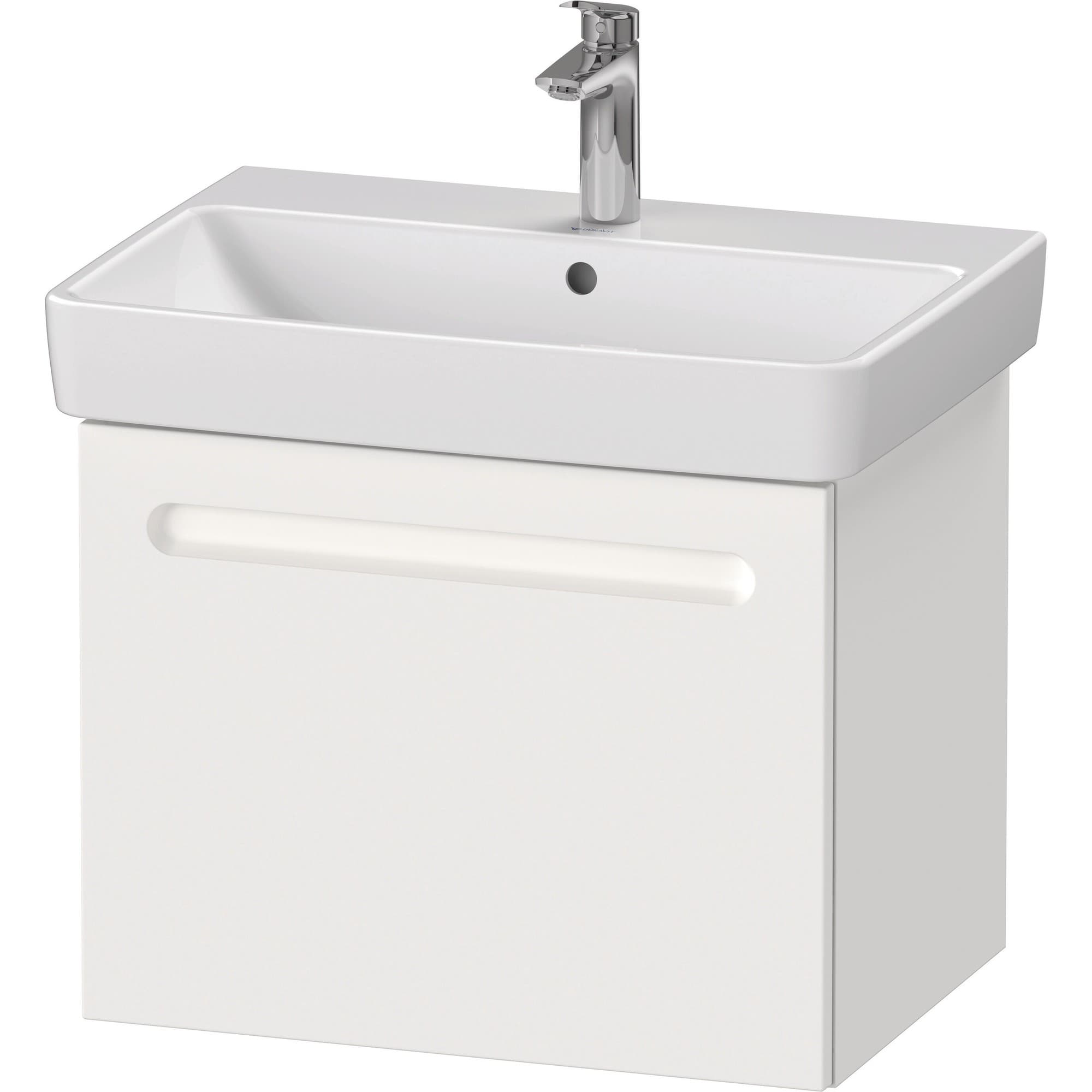 White matte wall-mounted vanity cabinet with a sleek design, featuring a single basin sink and a minimalist handleless drawer for bathroom storage.