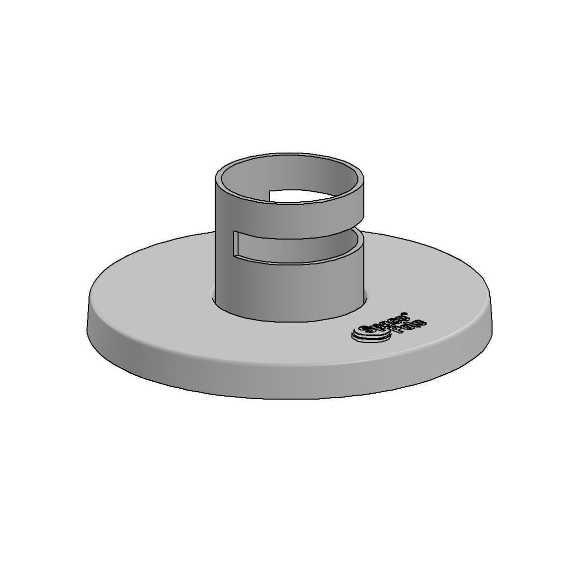 Gray ergonomic pipe flange cover with a circular base and a central cylindrical opening, featuring a cutout design for easy installation and the Ergonomic Solutions logo.
