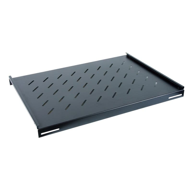 Black 19-inch fixed vented shelf made of sturdy metal, featuring a slotted design for airflow and support, ideal for various storage needs.