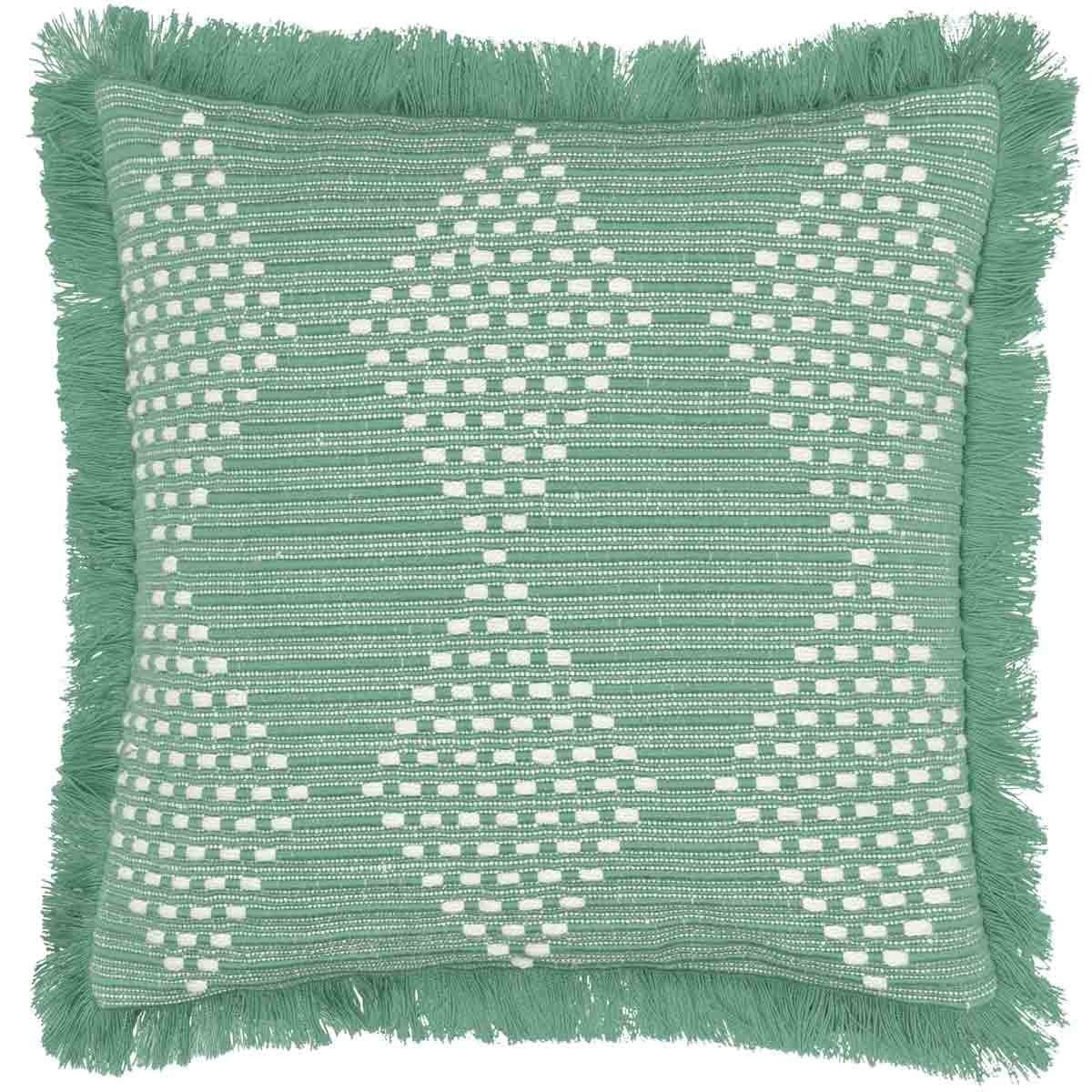 Green woven polyester outdoor cushion featuring a diamond pattern and fringed edges, perfect for adding a pop of color to outdoor seating.