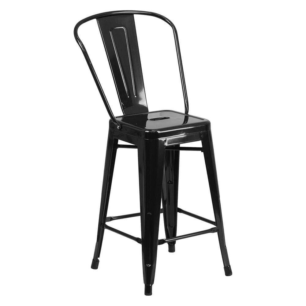 Set of 4 black bar chairs made from galvanized steel, featuring a sleek design with a curved backrest and sturdy legs, suitable for both indoor and outdoor use.