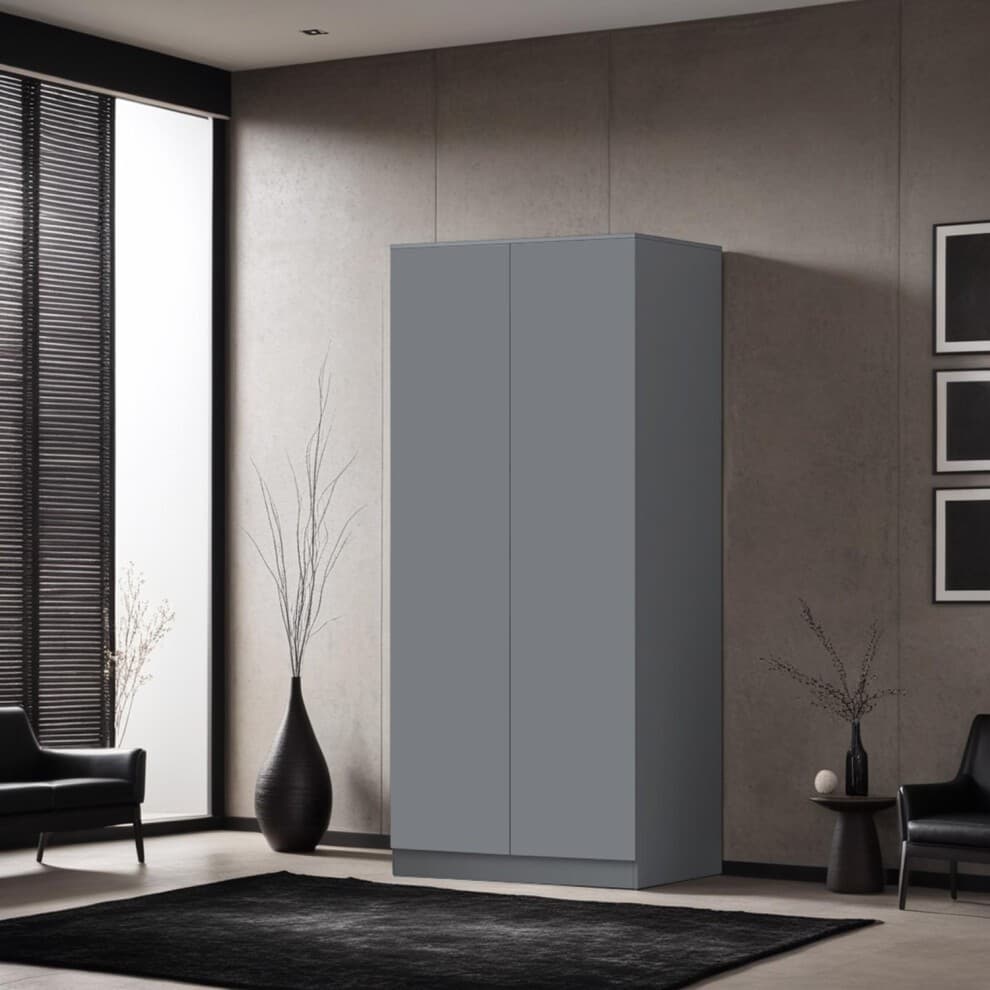 Dark grey, two-door double wardrobe with a push-open and soft-close mechanism, featuring a scratch-resistant finish, set against a modern interior backdrop.