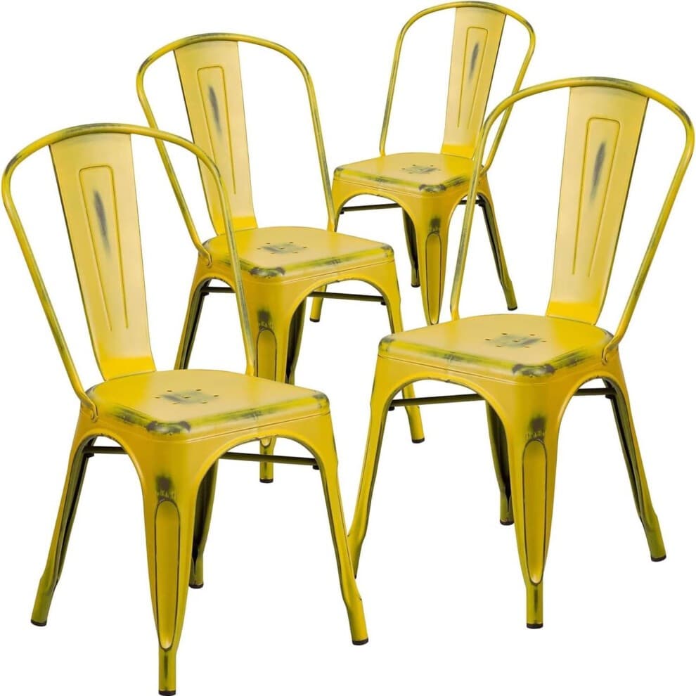 Set of four bright yellow galvanised steel chairs with a sleek design, featuring a curved backrest and a sturdy frame, ready assembled for immediate use.