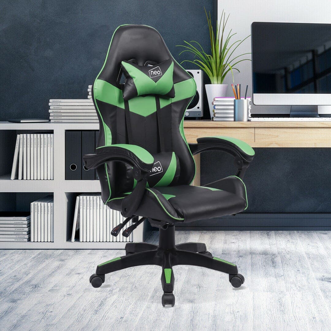 Neo Green Sport Racing Gaming Office Chair features a sleek black and vibrant green design, with adjustable armrests, a high back, and a padded headrest, set against a modern office backdrop.