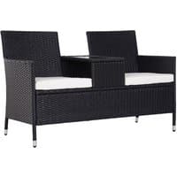 Black rattan 2-seater companion seat with white cushions and central table, wicker weave design for outdoor use.