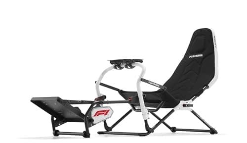 Black padded gaming chair with a sleek design, featuring a sturdy white frame, adjustable pedal plate, and F1 branding for an immersive racing experience.