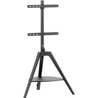 Black wood tripod TV stand with VESA mount, triangular base, and circular shelf.