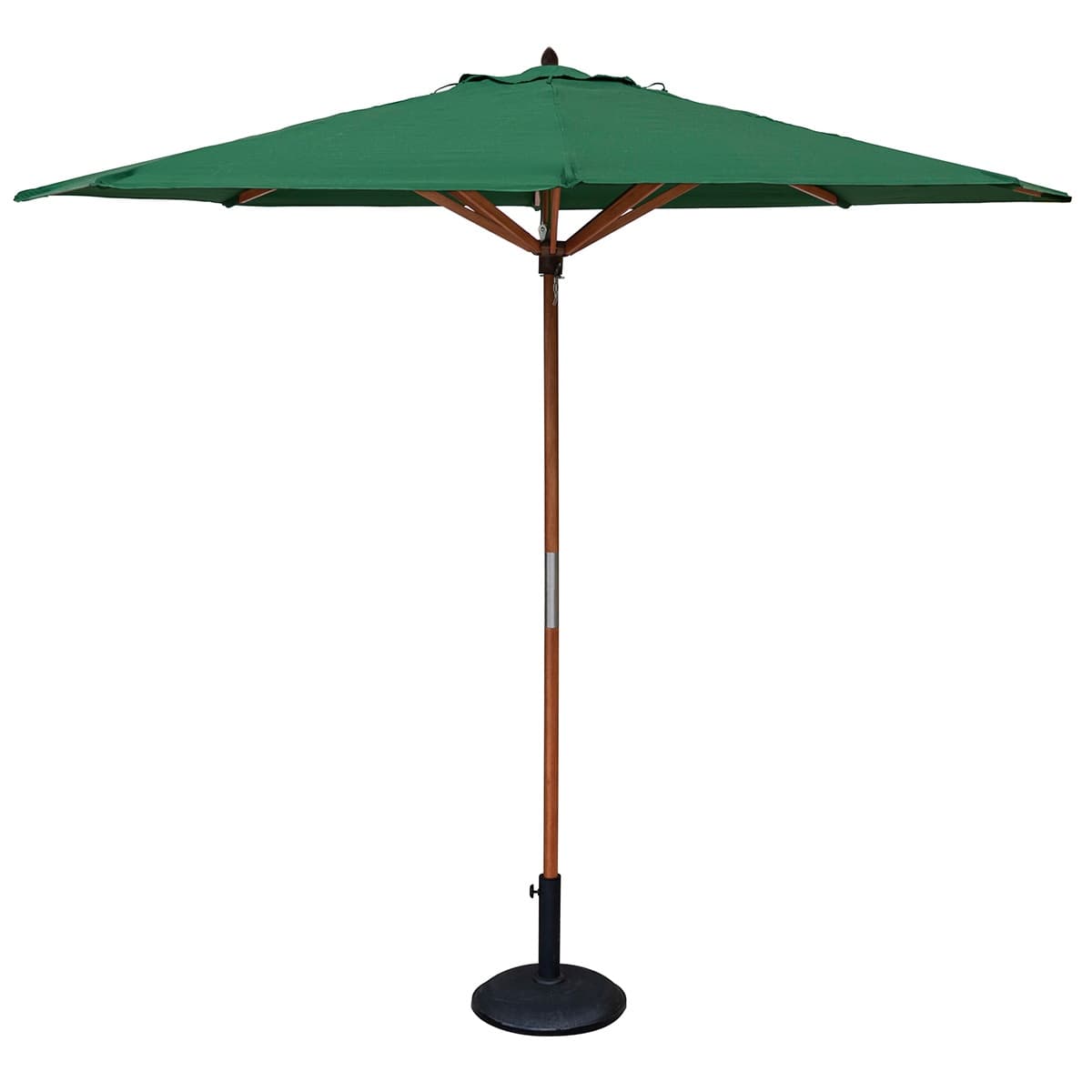 Green 2.7m wooden parasol with a sturdy wooden frame and a black 15kg base, designed for outdoor use, providing shade and style.