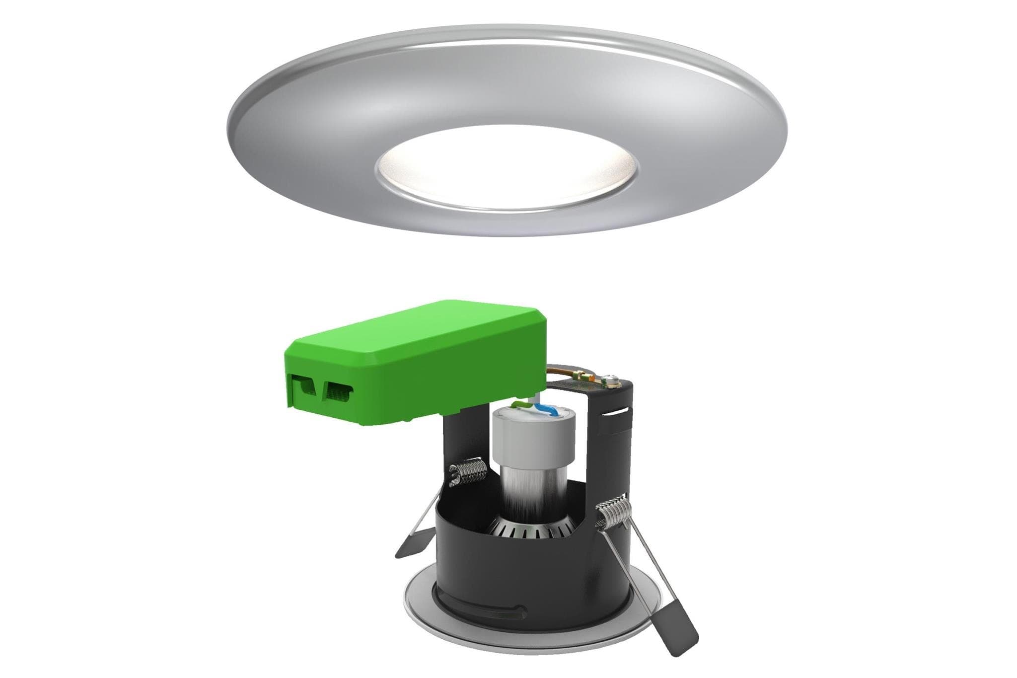 Silver circular downlight with a white inner ring, featuring a green connector and black housing, designed for fire-rated installation and IP65 rated for moisture resistance.