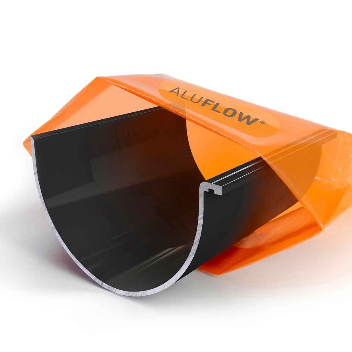 Black deepflow gutter union made from durable aluminum, featuring a smooth finish and a clear protective cover with the "ALUFLOW" logo prominently displayed.