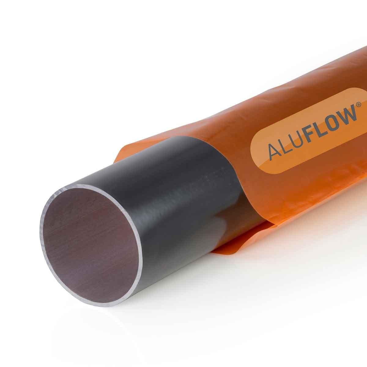 Grey 2.5M downpipe made of aluminum, featuring a smooth, cylindrical design with a glossy finish and branded with an orange ALUFLOW label.