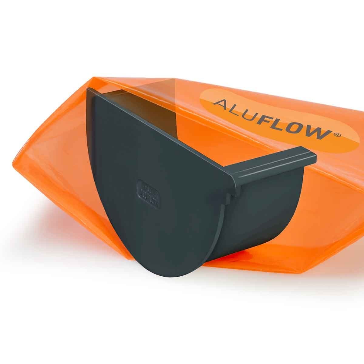 Deepflow left stopend gutter in grey, made of durable plastic, featuring a smooth finish and a curved design for effective water drainage.