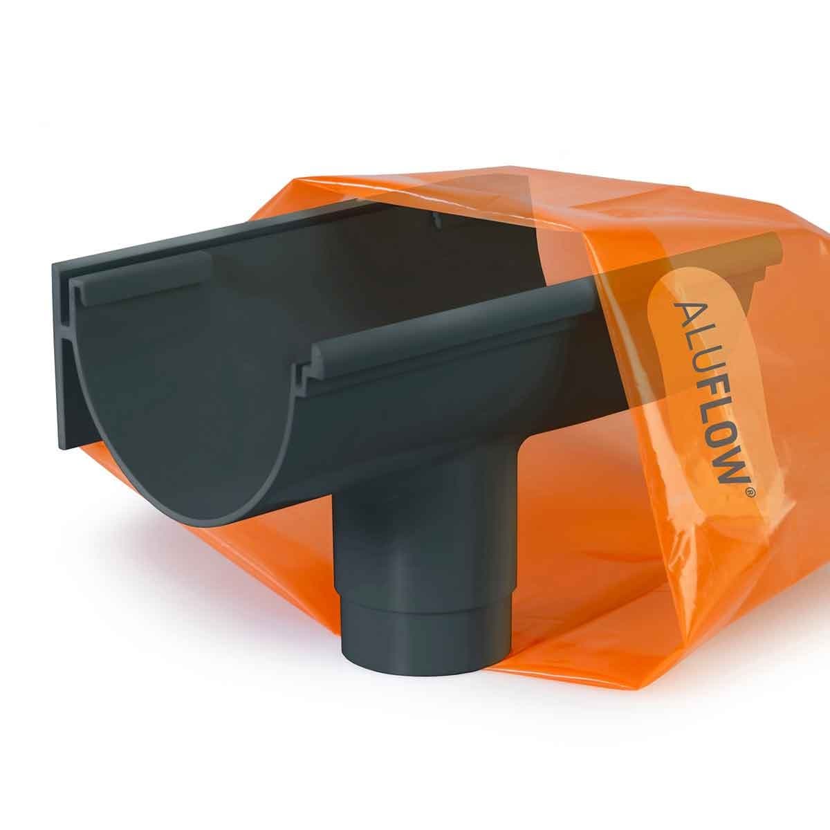 Deepflow running outlet in grey, made from durable material, featuring a T-shaped design for efficient water drainage, packaged in a clear orange protective cover.