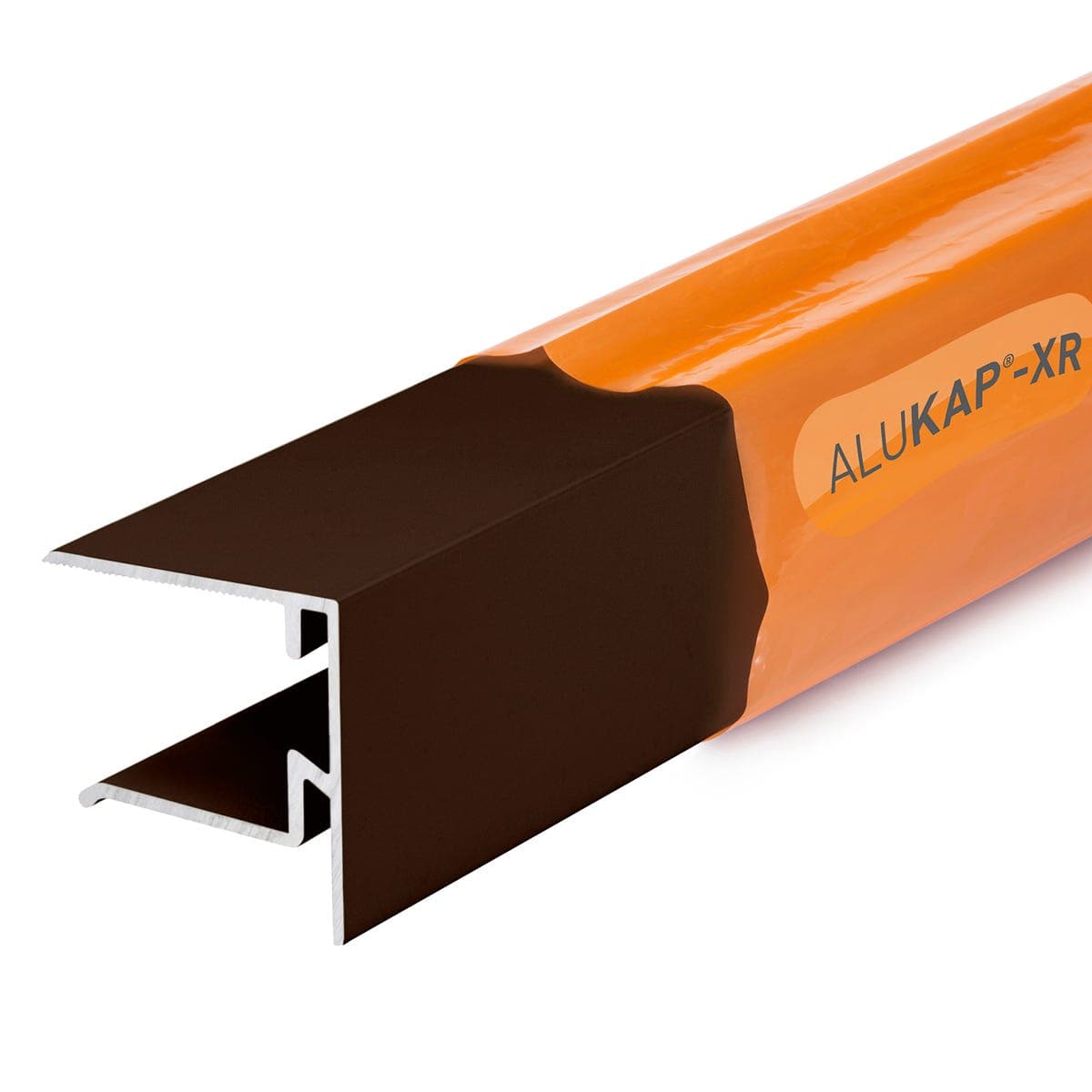 25mm end stop bar in brown, measuring 2.4 meters, featuring a sleek aluminum design with a protective orange film, ideal for use with Alukap-xr systems.