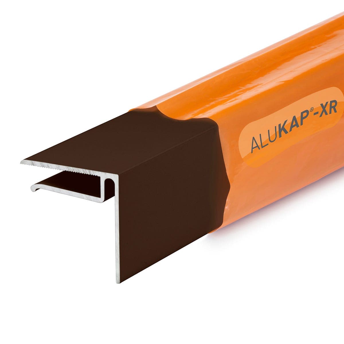 Brown 6.4mm End Stop Bar, 2.4M long, featuring a durable aluminum construction with a smooth finish and an orange protective cover, labeled "ALUKAP-XR."