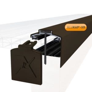 Brown 60mm Alukap-XR gable bar, 3000mm long, featuring an end cap and a 55mm rafter gasket, designed for secure roofing applications.