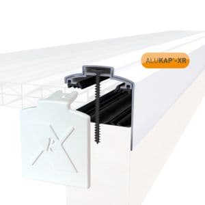 White Alukap-XR gable bar with a 60mm profile, 3000mm length, featuring an end cap and a 55mm rafter gasket, designed for secure roofing applications.