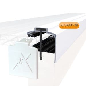 White Alukap-XR gable bar with a 60mm profile, 4800mm length, featuring an end cap and a 55mm rafter gasket, designed for durable outdoor use.