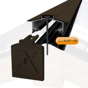 Brown Alukap-XR hip bar with a 4800mm length, featuring a 55mm rafter gasket and an end cap, showcasing a sleek aluminum design for roofing applications.
