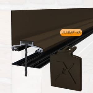 Brown Alukap®-XR 60mm wall bar, 3.0m long, featuring a 55mm RG aluminum end cap, showcasing a cross-section with a screw and a sleek design.