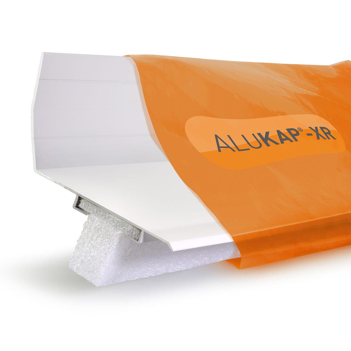 Alukap-xr Top Wall Flashing in white, measuring 2.4M, features a sleek design with a protective orange packaging, showcasing its durable material and clean finish.