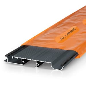 Alupave fireproof full-seal flat roof and decking board in grey, measuring 6m, featuring a durable material with a distinctive orange logo and a flat profile design.