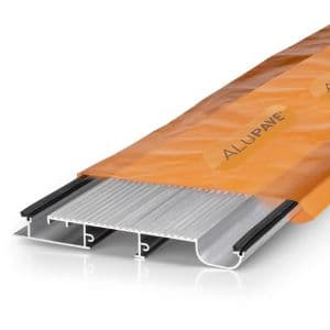Alupave Fireproof Full-Seal Flat Roof and Decking Board in orange packaging, featuring a metallic silver board with a grooved surface and black sealing edges, measuring 3m in length.