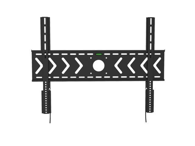 Black fixed wall mount for flat panel TVs, featuring a sturdy metal design with multiple mounting holes and a central cable management cutout, supporting up to 100kg.