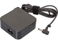 Black ASUS 65W power adapter with a square body, featuring a curved connector and a long cable secured with a Velcro strap.