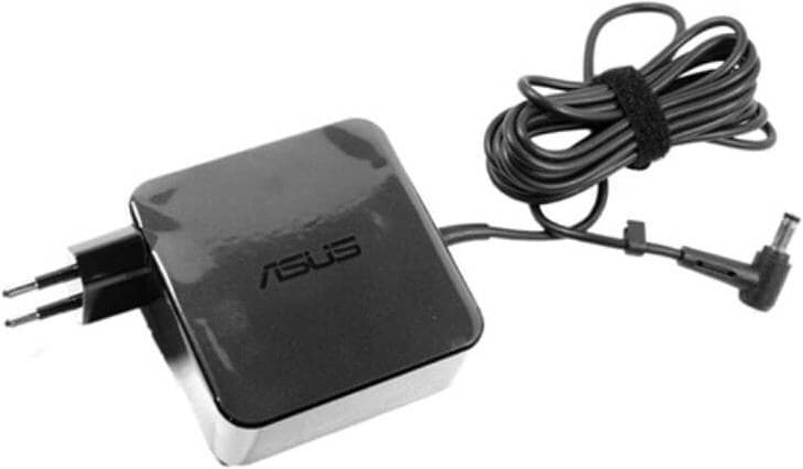 Black ASUS power adapter with a glossy finish, featuring a two-prong plug and a coiled cable, designed for indoor use with a 45 W output.