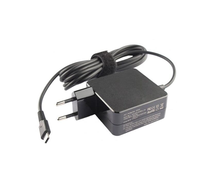 Black ASUS 65W power adapter with a compact design, featuring a two-prong plug and a USB-C output cable, designed for indoor use.