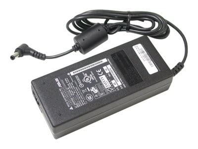 Black ASUS 90W power adapter with a rectangular design, featuring a textured surface, a power cord, and a connector at one end for device charging.