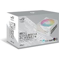 White ASUS ROG Loki SFX-L 850W Platinum PSU with rainbow fan grill and sleek design in branded packaging.