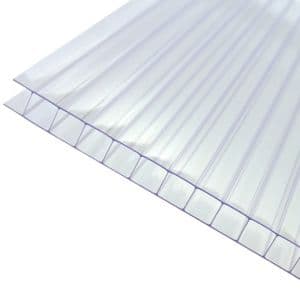 Clear 10mm twinwall polycarbonate roofing sheet with a size of 1000 x 2500mm, featuring a translucent design and ribbed surface for enhanced strength and light diffusion.