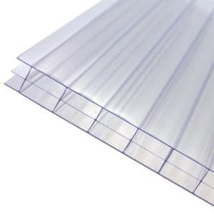Clear 16mm multiwall polycarbonate roofing sheets stacked, featuring a transparent finish with a ribbed texture, measuring 690 x 2500mm.