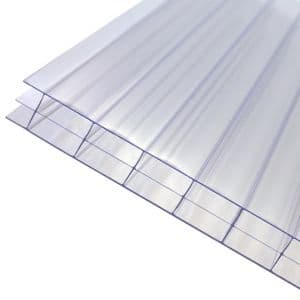 Clear 16mm multiwall polycarbonate roofing sheet with a transparent finish, featuring a ribbed design and measuring 690 x 4000mm, ideal for durable roofing solutions.