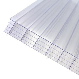 Clear 25mm multiwall polycarbonate roofing sheets stacked, measuring 690 x 4000mm, featuring a transparent finish and ribbed design for durability and light transmission.