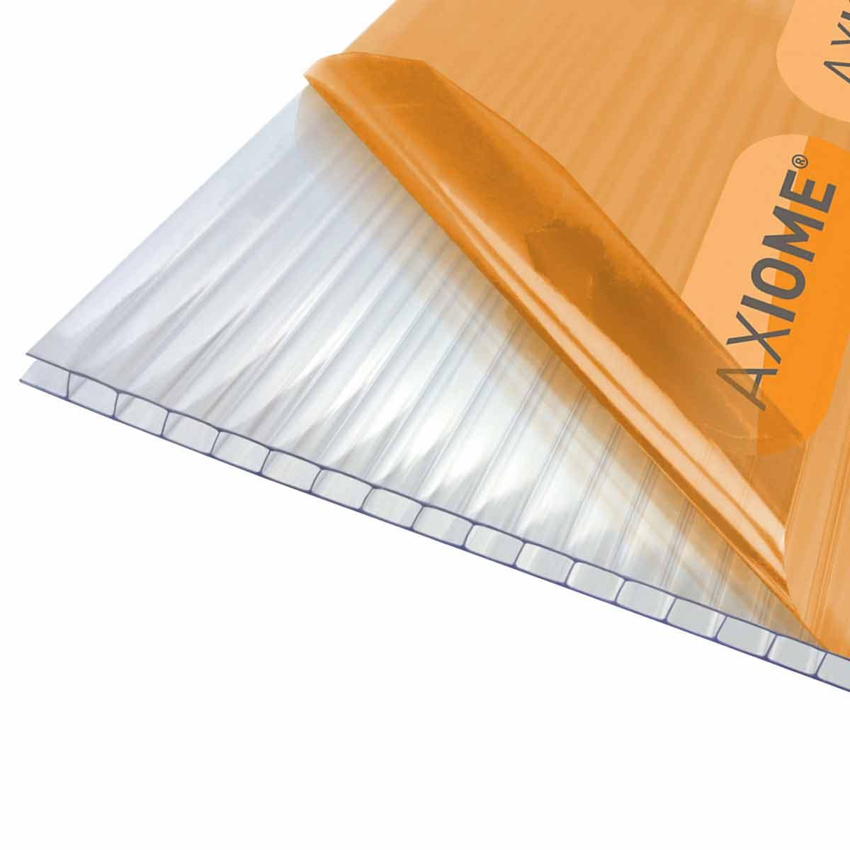 Clear 4mm twinwall polycarbonate roofing sheet with a transparent finish, measuring 1050 x 2500mm, featuring a ribbed texture for strength and durability.